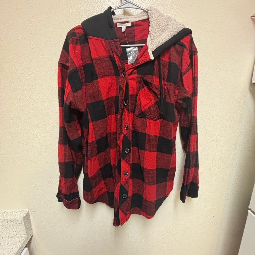 Maurices Red and Black Checkered Hooded Jacket